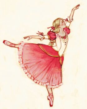  1girl ballerina ballet ballet_slippers balletcore barbie_(character) barbie_(franchise) barbie_in_the_12_dancing_princesses blonde_hair bow braid dress en_pointe flower frills full_body genevieve_(barbie) hair_bow highres lauren_illustrated long_hair pink_bow pink_dress pink_sleeves puffy_sleeves rose smile solo 