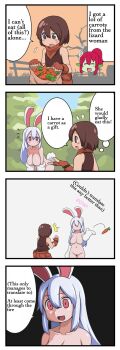  1boy 2girls absurdres animal_ears blueskin_no_mori brown_hair forest_of_blue_skin forest_of_the_blue_skin grey_eyes hard-translated highres light_purple_hair monster_girl multiple_girls pink_eyes rabbit_ears rabbit_tail red_hair third-party_edit yamagami_tadashi 