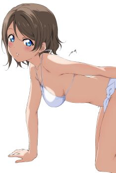  1girl absurdres all_fours bikini blue_eyes blush breasts brown_hair collarbone commentary_request from_side grey_hair grey_skirt highres kneeling looking_at_viewer love_live! love_live!_sunshine!! medium_breasts nagi_mkrnpn navel official_style open_mouth ribbon short_hair side-tie_bikini_bottom signature simple_background skirt solo spaghetti_strap swimsuit watanabe_you wavy_hair white_background white_bikini 