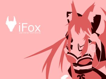 10s 1girl animal_ear_fluff animal_ears bare_shoulders bow breasts character_name detached_sleeves earbuds earphones english_text engrish_text fate/extra fate_(series) female_focus flat_color fox_ears fox_tail hair_bow hair_ribbon highres japanese_clothes long_hair no_lineart parody pink_background pink_hair posterized ranguage ribbon simple_background sirozenzafd solo tail tamamo_no_mae_(fate) text_focus twintails very_long_hair w w_over_eye
