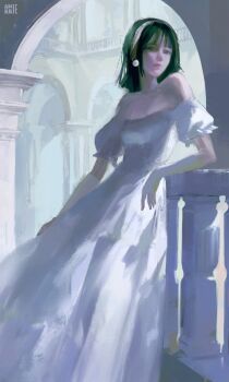  1girl alien_stage anirrie bare_shoulders black_hair commentary dress earrings english_commentary english_text hairband highres jewelry long_dress medium_hair off-shoulder_dress off_shoulder pearl_earrings puffy_short_sleeves puffy_sleeves short_sleeves solo sphere_earrings sua_(alien_stage) white_dress white_hairband 