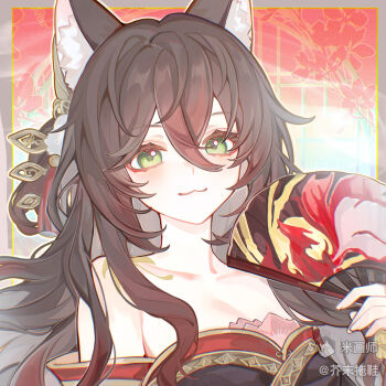  1girl animal_ear_fluff animal_ears bare_shoulders breasts brown_hair cleavage fugue_(honkai:_star_rail) green_eyes hair_between_eyes hair_ornament hand_fan highres holding holding_fan honkai:_star_rail honkai_(series) japanese_clothes jiemo_tuoxie kimono long_hair looking_at_viewer smile solo tingyun_(honkai:_star_rail) watermark  rating:General score:7 user:danbooru