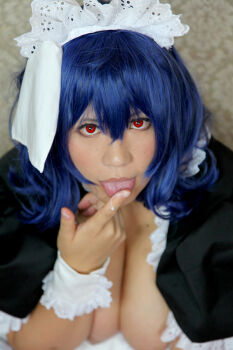 apron blue_hair breasts breasts_out chouzuki_maryou cosplay large_breasts maid maid_apron maid_headdress photo_(medium) plump red_eyes seikon_no_qwaser thick_thighs thighhighs thighs yamanobe_tomo rating:Explicit score:21 user:H-Viruz