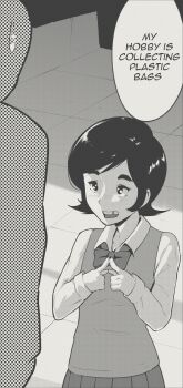  1girl 1other blush_stickers bow bowtie collared_shirt english_text greyscale highres holly_(tyrone) looking_at_another missing_tooth monochrome open_mouth original school_uniform shirt short_hair simple_background skirt speech_bubble sweatdrop teeth tyrone upper_body upper_teeth_only vest  rating:General score:0 user:doopaboop