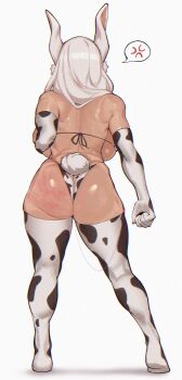  1girl absurdres alternate_costume anger_vein animal_ears animal_print ass back backboob bikini boku_no_hero_academia breasts clenched_hand clothing_cutout covered_kneepits cow_print cow_print_bikini cow_print_gloves cow_print_thighhighs dark-skinned_female dark_skin deitysexual elbow_gloves facing_away female_focus from_behind gloves hair_over_shoulder highres large_breasts long_hair median_furrow mirko print_bikini print_gloves print_thighhighs rabbit_ears rabbit_girl rabbit_tail sex_toy simple_background skindentation slap_mark solo spoken_anger_vein standing swimsuit tail tail_through_clothes thick_thighs thighhighs thighs thong_bikini toned toned_female vibrator vibrator_cord vibrator_in_thighhighs white_background white_hair 