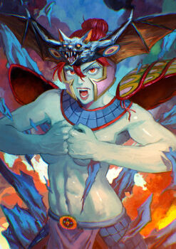  1girl aqua_skin bat_(animal) bikkuriman breasts colored_skin exploding_clothes fangs helmet highres itou_satoshi looking_at_viewer open_mouth own_fists_together red_eyes red_hair shoulder_pads solo toned toned_female topless_female upper_body wonder_maria 