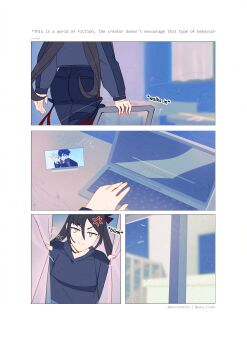  1boy 1girl absurdres alternate_costume alternate_universe anger_vein aqua_eyes arrow_(symbol) artist_name black_hair black_hood black_hoodie black_pantyhose black_shorts black_sleeves casual closed_mouth computer contemporary curtains english_text fingernails frown genshin_impact genshinribu highres holding hood hood_down hoodie indoors laptop left-to-right_manga long_hair long_sleeves looking_at_viewer meme mona_(genshin_impact) open_hand opening_curtains pantyhose salt_bae_(meme) scaramouche_(genshin_impact) shorts sidelocks split_mouth thigh_strap twintails 