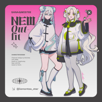  2girls artist_name black_shoes blue_eyes braid character_name chinese_clothes closed_mouth double_bun english_text full_body green_eyes hair_bun hand_up hanfu highres kneehighs lemontea long_hair long_sleeves looking_at_viewer miniskirt multiple_girls open_mouth original pantyhose shoes short_shorts shorts skirt socks standing tangzhuang twin_braids very_long_hair white_hair white_pantyhose white_socks 