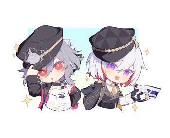  2girls black_gloves black_hat black_jacket black_vest chibi chibi_only chinese_commentary cleavage_cutout clothing_cutout commentary_request crossover gloves grey_hair gun haruka_(rsyaooooo) hat herrscher_of_sentience highres holding holding_gun holding_unworn_clothes holding_unworn_hat holding_weapon honkai:_star_rail honkai_(series) honkai_impact_3rd in-franchise_crossover jacket mace_(voice_actor) multicolored_hair multiple_girls necktie purple_eyes red_eyes shirt short_hair simple_background topaz_(honkai:_star_rail) topaz_(stoneheart's_oath_ring)_(honkai:_star_rail) two-tone_hair unworn_hat unworn_headwear upper_body vest voice_actor_connection weapon white_background white_shirt yellow_necktie 