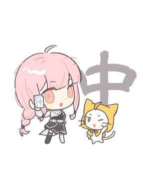  1girl ahoge asymmetrical_sleeves bead_necklace beads belt black_boots black_hanfu blunt_bangs boots bow bowtie braid brown_eyes chibi chinese_clothes cloak dot_nose ear_covers hair_tubes hand_on_own_hip hanfu hao_xintai_bingkuai happy holding holding_mahjong_tile hood hood_up hooded_cloak infinity_nikki jewelry long_hair long_sleeves low-tied_long_hair low-tied_sidelocks mahjong mahjong_tile mismatched_boots mismatched_sleeves momo_(nikki) necklace nikki_(nikki) nikki_(series) one_eye_closed open_mouth orange_bow orange_bowtie pawpads pink_hair puffy_long_sleeves puffy_sleeves sidelocks simple_background single_braid smile traditional_bowtie very_long_hair waving whiskers white_background white_belt white_boots white_sleeves yellow_cloak 