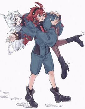  2girls asticassia_school_uniform black_boots black_hairband black_pantyhose blue_eyes boots bound bound_wrists carrying_over_shoulder commentary_request green_jacket green_shorts grey_eyes gundam gundam_suisei_no_majo hairband high_heel_boots high_heels highres ichi27ichi jacket long_hair miorine_rembran multiple_girls open_mouth pantyhose ponytail red_hair school_uniform shorts simple_background smile suletta_mercury tears thick_eyebrows white_background white_hair 