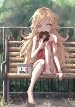 1girl 49_works absurdres arm_at_side arm_rest bakemonogatari bare_arms bare_legs bare_shoulders barefoot bench blonde_hair center_frills chocolate_donut collarbone donut dress dress_ribbon eating fang flipped_hair food frills full_body grass hair_flaps hand_to_own_mouth hand_up highres knee_to_chest knee_up light_blush long_hair looking_to_the_side monogatari_(series) on_bench oshino_shinobu outdoors park_bench pastry_box railing red_dress ringed_eyes sitting sleeveless sleeveless_dress solo strap_slip sundress tree uneven_eyes v-shaped_eyebrows very_long_hair yellow_eyes 