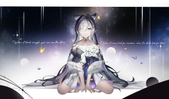  1girl absurdres animal_ears arm_garter bare_shoulders barefoot black_dress black_hair blue_butterfly bug butterfly collarbone commentary commentary_request derby_(dabidabi) dress english_text eyes_visible_through_hair fingernails frilled_dress frills full_body grey_eyes grey_hair hair_ornament hair_over_one_eye highres insect korean_commentary long_hair multicolored_dress multicolored_hair night night_sky original parted_lips purple_dress sitting sky sleeveless sleeveless_dress solo star_(sky) wariza white_dress yellow_butterfly yellow_collar 