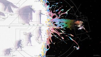  1girl afterimage ape boots brown_boots brown_hair cardigan caveman contrast evolution evolutionary_line from_side highres kapxapius long_hair neuro-sama progression skirt vedal987 vedal_ai wings yellow_cardigan 