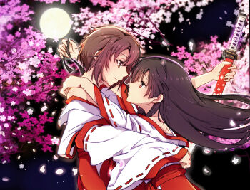  2girls black_hair brown_eyes brown_hair cherry_blossoms closed_mouth commentary_request couple etou_kanami eye_contact face-to-face floating_hair full_moon furrowed_brow hakama hakama_skirt holding holding_sword holding_weapon hug japanese_clothes juujou_hiyori kannazuki_no_miko katana lionet0806 long_hair long_sleeves looking_at_another miko miko_embrace moon multiple_girls night off_shoulder official_alternate_costume outdoors parody petals sheath sheathed short_hair sidelocks skirt sky straight_hair style_parody sword toji_no_miko weapon wide_sleeves yuri 