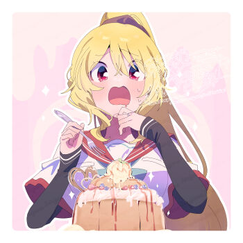  1girl blonde_hair blush border bow bowtie cake commentary_request dot_nose food fork green_bow green_bowtie hair_between_eyes holding holding_fork layered_sleeves long_hair long_sleeves magia_record:_mahou_shoujo_madoka_magica_gaiden mahou_shoujo_madoka_magica open_mouth outline outside_border pink_background ponytail red_eyes red_sailor_collar sailor_collar school_uniform serafuku serizawa_serizane shirt short_over_long_sleeves short_sleeves solo togame_momoko upper_body watermark white_border white_outline white_shirt 