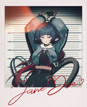  1girl a4210582001 absurdres animal_ears arms_up black_hair blunt_bangs breasts character_signature cleavage cuffs earrings fingerless_gloves fur-trimmed_jacket fur_trim gloves gradient_hair grey_eyes grey_jacket handcuffs height_mark highres jacket jane_doe_(zenless_zone_zero) jewelry large_breasts long_hair looking_at_viewer midriff mouse_ears mouse_girl mouse_tail mugshot multicolored_hair necktie notched_ear photo_(object) polaroid_photo red_hair red_nails shorts single_leg_pantyhose single_thighhigh smile solo tail thick_thighs thighhighs thighs zenless_zone_zero  rating:General score:15 user:Menace5