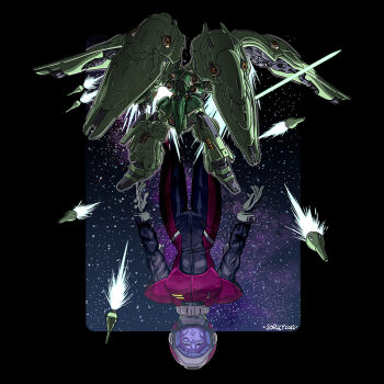  1girl artist_name beam_cannon cable commentary dated energy_gun english_commentary funnels_(gundam) gundam gundam_unicorn helmet jeff_sorley kshatriya marida_cruz mecha mecha_pilot_suit military_rank_insignia mobile_armor nebula neo_zeon normal_suit_(gundam) painting_(medium) photoshop_(medium) robot scan scene_reference science_fiction shield signature space space_helmet spacesuit thrusters traditional_media upside-down weapon zero_gravity 