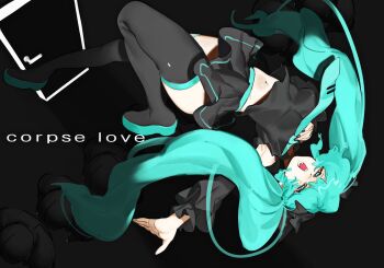  1girl aqua_eyes aqua_hair aqua_necktie bikmo321 black_boots black_skirt black_sleeves boots breasts commentary detached_sleeves english_commentary english_text hatsune_miku highres long_hair medium_breasts midriff navel necktie open_mouth pleated_skirt shirt skirt sleeveless sleeveless_shirt solo thigh_boots thighhighs twintails upside-down very_long_hair vocaloid zettai_ryouiki 