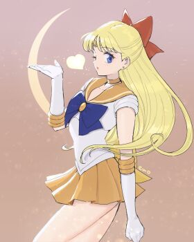  1girl aino_minako bishoujo_senshi_sailor_moon blonde_hair blowing_kiss blue_eyes blush bow earrings gloves heart highres jewelry kiss long_hair looking_at_viewer miniskirt moon one_eye_closed red_bow sailor_venus short_sleeves skirt very_long_hair wink yyemoyy  rating:General score:7 user:zombiespacial