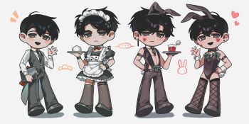  2boys absurdres alternate_costume animal_ear_hairband animal_ears apron black_dress black_gloves black_leotard black_necktie black_shirt black_thighhighs black_vest clipboard clothing_cutout collar collared_shirt commentary dress earrings english_commentary enmaided fake_animal_ears fishnet_thighhighs fishnets full_body gloves hairband hand_on_own_hip highres holding holding_clipboard holding_plate jewelry kim_dokja leaning_back leotard lipstick_mark maid maid_apron maid_headdress male_playboy_bunny money multiple_boys multiple_views necktie omniscient_reader's_viewpoint papercider plate rabbit_ear_hairband rabbit_ears shirt side_cutout thighhighs tucked_money vest white_shirt wrist_cuffs yoo_joonghyuk zettai_ryouiki 