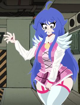  1girl :o ahoge alternate_breast_size_(larger) black_eyes blue_hair bongbong_(project_moon) commentary corrupted_twitter_file cowboy cowboy_shot dress e.g.o_(project_moon) employee_(project_moon) english_commentary frilled_dress frills garter_straps hair_between_eyes hand_up highres in_the_name_of_love_and_hate_(e.g.o) lc_bongbong lobotomy_corporation long_hair long_sidelocks long_sleeves looking_at_self microskirt nugget_(project_moon) pink_dress pink_skirt project_moon raised_eyebrows sidelocks skirt skirt_tug solo standing star-shaped_pupils star_(symbol) symbol-shaped_pupils thick_eyelashes thighhighs western white_thighhighs 