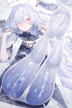  1girl blush breasts breath colored_eyelashes commentary deyui dress feet fingernails grey_hair hair_ornament hair_over_one_eye hair_spread_out halo hands_up highres jacket legs_up long_hair looking_at_viewer lying marker mornye_(wuthering_waves) on_back paid_reward_available panties paper parted_lips purple_dress red_eyes see-through_body shoes small_breasts soles solo sweat tacet_mark_(wuthering_waves) toes underwear unworn_shoes very_long_hair white_jacket white_panties wuthering_waves 