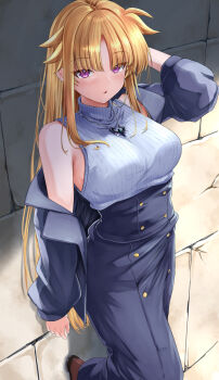  1girl blonde_hair breasts brown_shoes commentary_request fate_testarossa grey_jacket grey_skirt grey_sweater highres jacket jewelry large_breasts levi_the_slasher long_hair long_skirt looking_at_viewer lyrical_nanoha mahou_shoujo_lyrical_nanoha_strikers parted_lips pendant purple_eyes shoes skirt sleeveless sleeveless_sweater solo sougetsu_izuki sweater turtleneck turtleneck_sweater very_long_hair 