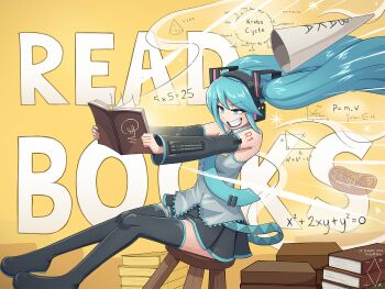  1girl aqua_eyes aqua_hair aqua_nails aqua_necktie artist_logo black_boots black_skirt black_sleeves book book_stack boots breasts calculus cell_(biology) clenched_teeth collared_shirt commentary_request dated detached_sleeves digiral dunce_cap english_text floating_hair geometry grey_shirt hair_ornament hatsune_miku headphones holding holding_book kyoufuu_all_back_(vocaloid) logo long_hair math medium_breasts miniskirt nail_polish necktie number_tattoo on_stool open_book outstretched_arms pleated_skirt reading shirt shoulder_tattoo sitting skirt sleeveless sleeveless_shirt solo stool tattoo teeth text_background thigh_boots tie_clip twintails twitter_username v-shaped_eyebrows vocaloid wind yellow_background 