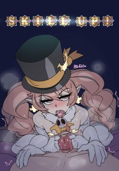  1boy 1girl bed blush breasts brown_eyes brown_hair captain_kirb clothed_female_nude_male dolce_(rune_factory) earrings elbow_gloves elf erection footjob gloves hat jewelry long_hair looking_at_viewer nude penis pointy_ears pov rune_factory rune_factory_4 saliva small_breasts steam sweat sweatdrop thighhighs tongue tongue_out top_hat twintails two-footed_footjob uncensored white_thighhighs  rating:Explicit score:8 user:Gyarus4Life