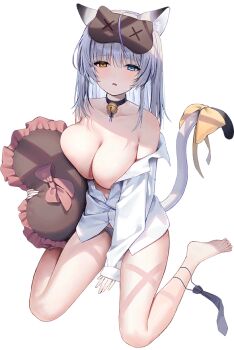  1girl amase_chihiro amase_chihiro_(oath) animal_ear_legwear artist_request bell between_legs black_choker black_hair black_necktie black_tail blue_eyes bow breasts cat-shaped_eyewear choker collarbone dot_nose drooling feet frilled_pillow frills game_cg gradient_necktie gradient_tail grey_necktie grey_panties hair_between_eyes half-closed_eyes hand_between_legs heart heart-shaped_pillow heterochromia holding holding_pillow large_breasts legs long_hair looking_at_viewer mouth_drool multicolored_hair neck_bell necktie non-web_source off-shoulder_shirt off_shoulder official_alternate_costume official_alternate_hairstyle official_art panties pillow poker_fate purple_hair shirt shirt_partially_removed sitting sleep_mask solo streaked_hair tail tail_bow tail_ornament transparent_background underwear unworn_necktie wariza white_hair white_shirt white_tail window_shadow yellow_bow 