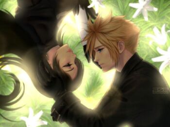  1boy 1girl 2b_(nier:automata) 2b_(nier:automata)_(cosplay) 9s_(nier:automata) 9s_(nier:automata)_(cosplay) artist_logo azezazel black_dress black_feathers black_gloves black_hair black_jacket blonde_hair blue_eyes cloud_strife cloud_strife_(scanner_ensemble) commentary commission company_connection cosplay couple dress earrings english_commentary face-to-face feather-trimmed_sleeves feathers final_fantasy final_fantasy_vii final_fantasy_vii:_ever_crisis flower from_above from_side gloves grass hand_on_another's_cheek hand_on_another's_face hand_on_another's_head hetero jacket jewelry lips logo long_hair long_sleeves looking_at_another lying nier:automata nier_(series) official_alternate_costume on_side pink_lips profile red_eyes short_hair signature spiked_hair tifa_lockhart tifa_lockhart_(battler_ensemble) turtleneck turtleneck_dress twitter_username upper_body upside-down white_flower 