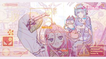  ! 3girls ahoge aino_(genshin_impact) android anger_vein animal_ear_headwear bangs_pinned_back beanie black_hat blonde_hair blue_cape blue_eyes blue_hair blush blush_stickers braid braided_hair_rings breasts cape closed_mouth coat commentary dress eyewear_on_head fake_animal_ears forehead genshin_impact gloves goggles goggles_on_head graph hair_between_eyes hair_ornament hair_rings hairclip halter_dress halterneck hashtag-only_commentary hat heads-up_display highres holding huge_ahoge ineffa_(genshin_impact) jahoda_(genshin_impact) joints large_forehead long_hair long_sleeves looking_at_viewer mechanical_arms mechanical_legs metal_skin multiple_girls open_mouth pink-tinted_eyewear pink_hair pov prosthesis prosthetic_arm purple_eyes rakuychi robot robot_ears robot_girl robot_joints robot_pov screw screw_hair_ornament short_hair sidelocks sign single_mechanical_arm sleeves_past_fingers sleeves_past_wrists smile target tinted_eyewear two-sided_horns untranslatable_commentary user_interface very_long_hair warning_sign white_coat wrench x_hat_ornament 