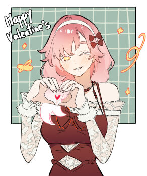  +_+ 1girl bare_shoulders blush border bow breasts choppy_bangs colored_eyelashes dress fingernails hair_bow hairband hands_up happy_valentine heart heart_hands heart_in_heart_hands highres large_breasts long_hair long_sleeves looking_at_viewer miri_(shouz) nail_polish one_eye_closed original outside_border parted_lips pink_hair pink_nails red_bow red_dress shouz smile solo upper_body valentine white_border white_eyelashes white_hairband yellow_eyes 