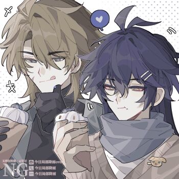  2boys alternate_costume antenna_hair black_gloves blonde_hair blue_eyes blue_hair blue_scarf chewing colored_tips crepe flins_(genshin_impact) food genshin_impact gloves hair_between_eyes heart highres holding holding_crepe holding_food long_hair male_focus medium_hair multicolored_hair multiple_boys sanshuiyushan scar scar_on_face scarf speech_bubble sweater tongue tongue_out turtleneck varka_(genshin_impact) watermark white_background yellow_eyes 