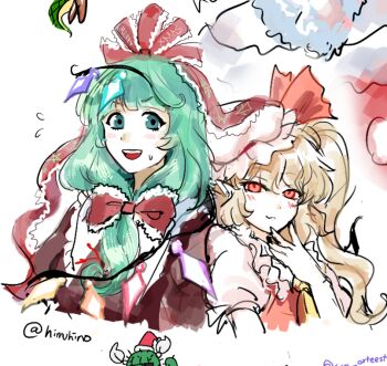  2girls blonde_hair bow christmas commentary flandre_scarlet front_ponytail himuhino kagiyama_hina looking_at_viewer multiple_girls pointy_ears red_bow red_eyes red_ribbon ribbon side_ponytail sketch symbol-only_commentary touhou twitter_username upper_body 