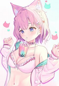  1girl absurdres amezato_noin animal_ear_fluff animal_ears antenna_hair bare_shoulders bikini blush bow braid breasts bubble_tea bubble_tea_challenge choker cleavage collarbone commentary drinking_straw drinking_straw_in_mouth extra_ears fingernails frilled_bikini frilled_choker frills grey_background hair_bow hair_ornament hakui_koyori hakui_koyori_(summer) highres hololive jacket jacket_partially_removed large_breasts long_sleeves looking_down multicolored_eyes multiple_hair_bows nail_polish official_alternate_costume open_clothes open_jacket open_mouth pink_bikini pink_eyes pink_hair pink_nails purple_eyes sharp_fingernails short_hair side_braid simple_background solo swimsuit twin_braids upper_body virtual_youtuber white_jacket wolf_ears wolf_girl 