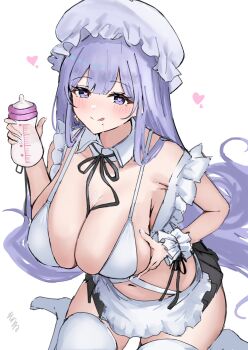  1girl :q apron azur_lane baby_bottle bottle breasts cleavage commentary_request detached_collar frilled_apron frilled_headwear frills guichen_(azur_lane) guichen_(milk_and_kisses)_(azur_lane) heart heart-shaped_pupils highres holding holding_bottle huge_breasts long_hair looking_at_viewer mole mole_under_mouth official_alternate_costume purple_eyes simple_background solo soul_(dp11) symbol-shaped_pupils thighhighs tongue tongue_out very_long_hair white_apron white_background white_thighhighs 