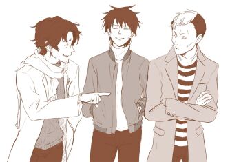  3boys beard_stubble black_pants chaos;child coat commentary_request facial_hair forced_smile itou_shinji_(chaos;child) long_sleeves male_focus monochrome multiple_boys nervous_sweating official_alternate_hairstyle okabe_rintarou open_mouth pants robotics;notes sawada_toshiyuki scarf science_adventure shirt short_hair simple_background smug steins;gate steins;gate:_the_committee_of_antimatter striped_clothes striped_shirt stubble surprised sweat tetsu10ru winter_clothes winter_coat 