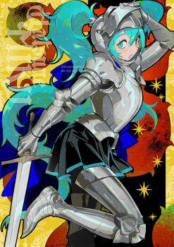  1girl abstract_background adjusting_clothes adjusting_headwear alternate_costume armor armor_under_clothes background_request bascinet black_background black_skirt blackletter blazemalefica blue_background blue_eyes blue_hair blue_trim character_name check_clothing clothing_request commentary crossed_bangs cuirass cuisses double-parted_bangs english_commentary floating_hair gauntlets greaves green_background grey_armor hatsune_miku helmet highres holding holding_sword holding_weapon knight light_blush long_hair looking_to_the_side open_mouth pauldrons pleated_skirt poleyn ponytail red_background rerebrace sabaton shoulder_armor skirt smile solo sparkle sword twitter_username vambraces very_long_hair vocaloid watermark weapon yellow_background 
