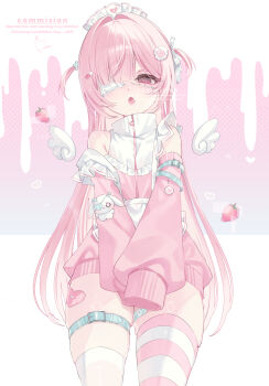  1girl @_@ apron bare_shoulders belt belt_buckle blush buckle clothing_cutout commentary_request commission cowboy_shot detached_wings eyepatch fang food frilled_apron frills fruit hair_intakes hair_ornament heart highres jacket jersey_maid long_sleeves looking_at_viewer maid maid_headdress one_eye_covered open_mouth original parted_bangs pastel_colors pink_eyes pink_hair pink_jacket pink_thighhighs shoulder_cutout skeb_commission skin_fang skindentation sleeves_past_fingers sleeves_past_wrists smile solo strawberry striped_clothes striped_thighhighs sweat thigh_belt thigh_strap thighhighs thighs track_jacket two_side_up unconventional_maid v_arms waist_apron white_apron wings yu_o015 yume_kawaii 