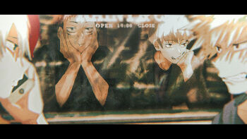  4boys arashi_(boom_sate225) bakugou_katsuki black_shirt blonde_hair blue_eyes boku_no_hero_academia brown_eyes cellphone clenched_teeth commentary_request crossover english_text grey_hair hands_on_own_chin itadori_yuji jacket jujutsu_kaisen multicolored_hair multiple_boys parody phone pink_hair shirt smartphone style_parody teeth todoroki_shoto white_hair window 