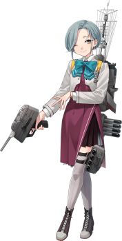  1girl adapted_turret aqua_bow aqua_bowtie blazer boots bow bowtie collared_shirt crossed_legs dress forehead fujikawa full_body grey_hair grey_jacket grey_thighhighs halter_dress halterneck jacket kantai_collection lace-up_boots looking_at_viewer mole mole_on_neck official_art one_eye_closed purple_dress rigging shirt short_hair smile solo swept_bangs tamanami_(kancolle) tamanami_kai_ni_(kancolle) thighhighs torpedo_launcher transparent_background white_shirt yellow_eyes 