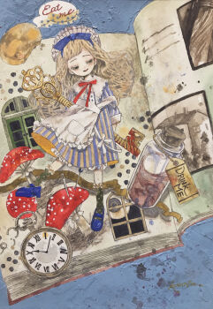  1girl absurdres alice's_adventures_in_wonderland alice_(alice_in_wonderland) apron beret blonde_hair blue_dress blue_eyes blue_shoes book bottle bow bowtie clock closed_mouth commentary_request curly_hair dress drink_me eat_me english_text fantasy from_above full_body hair_bow hat highres holding karintoun key long_hair looking_down maid mushroom painting_(medium) pale_skin red_ribbon ribbon shoes signature smile standing striped_clothes striped_dress surreal swept_bangs traditional_media watercolor_(medium) wavy_hair white_apron 