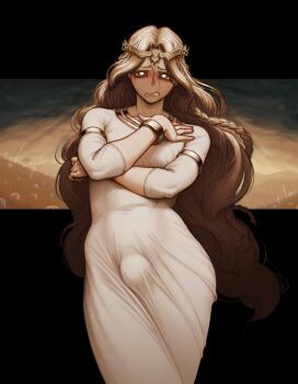 1boy androgynous arawaffle blonde_hair bracelet braid bulge circlet crossed_arms elden_ring elden_ring:_shadow_of_the_erdtree gold_circlet hair_intakes highres jewelry long_hair looking_at_viewer miquella_(elden_ring) nervous trap tunic very_long_hair wavy_hair white_tunic rating:Questionable score:105 user:danbooru