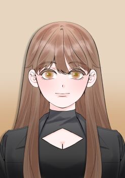  1girl above-cleavage_cutout black_jacket black_shirt brown_eyes brown_hair clothing_cutout facing_viewer hair_over_shoulder highres imgeun jacket long_hair looking_at_viewer omniscient_reader's_viewpoint portrait shirt solo straight-on straight_hair turtleneck yoo_sangah 