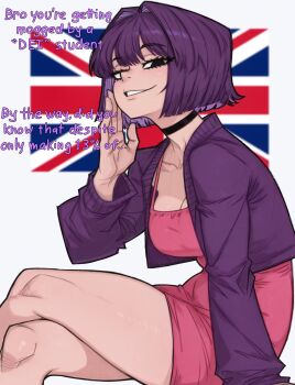  1girl amelia_(pathways) black_choker bob_cut breasts choker cleavage crossed_legs dress english_text hair_intakes highres jacket long_sleeves orangtheman pathways_(game) pink_dress politics purple_hair purple_jacket short_hair sitting smug union_jack united_kingdom white_background  rating:General score:6 user:danbooru