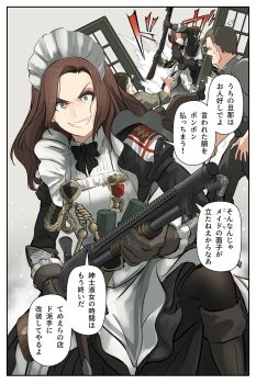  1girl 2boys asterisk_kome blue_eyes brown_hair commentary_request constricted_pupils destruction evil_grin evil_smile gina_wallace grin gun heroes_of_order highres holding holding_gun holding_weapon japanese_clothes long_hair looking_at_viewer maid medal multiple_boys smile wa_maid weapon winchester_model_1887 