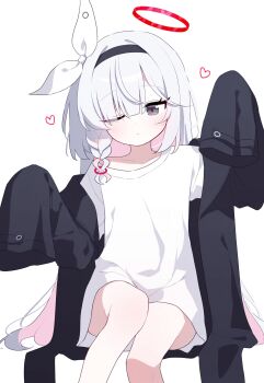 1girl auto_ins black_coat black_eyes black_hairband blue_archive braid coat colored_inner_hair hair_over_one_eye hairband halo heart highres multicolored_hair one_eye_closed oversized_clothes plana_(blue_archive) red_halo red_pupils shirt simple_background single_braid sleeves_past_fingers sleeves_past_wrists solo white_background white_hair white_shirt rating:General score:20 user:danbooru