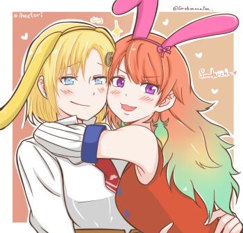  2girls animal_ears blonde_hair blue_eyes blush cheek-to-cheek detached_sleeves embarrassed fake_animal_ears feathers female_focus gradient_hair green_hair hair_ornament heads_together highres hololive hololive_english hug long_hair multicolored_hair multiple_girls necktie orange_hair purple_eyes rabbit_ears red_necktie shirt short_necktie sorabananasan takanashi_kiara takanashi_kiara_(1st_costume) two-tone_hair upper_body upper_body virtual_youtuber watson_amelia watson_amelia_(1st_costume) white_shirt  rating:General score:1 user:orochijes